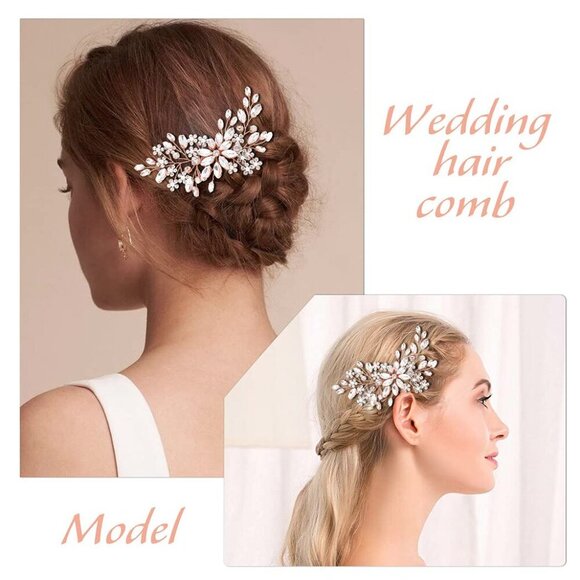 🆕Women Gold Flower Crystal Hair Comb Accessories with Pearl Side Comb Headpiece - Picture 4 of 7